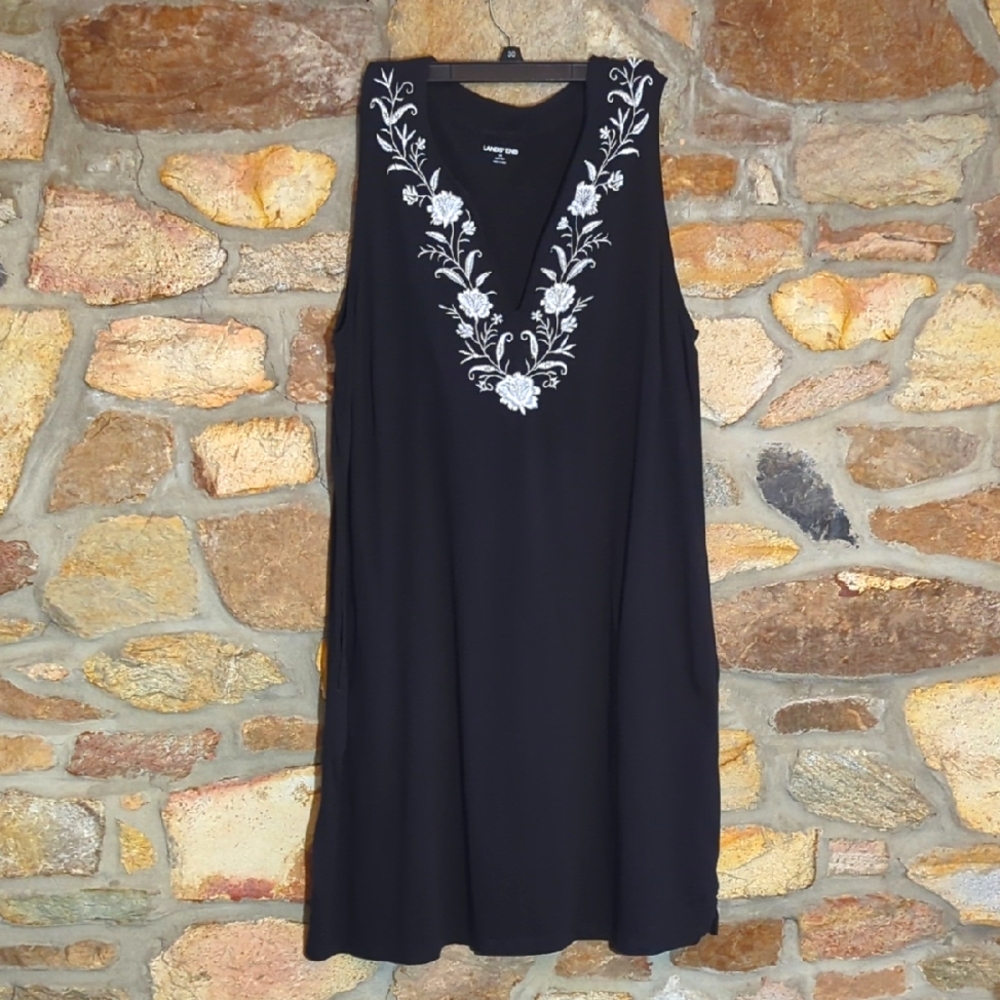 Lands' End Black Embroidered Cotton Dress